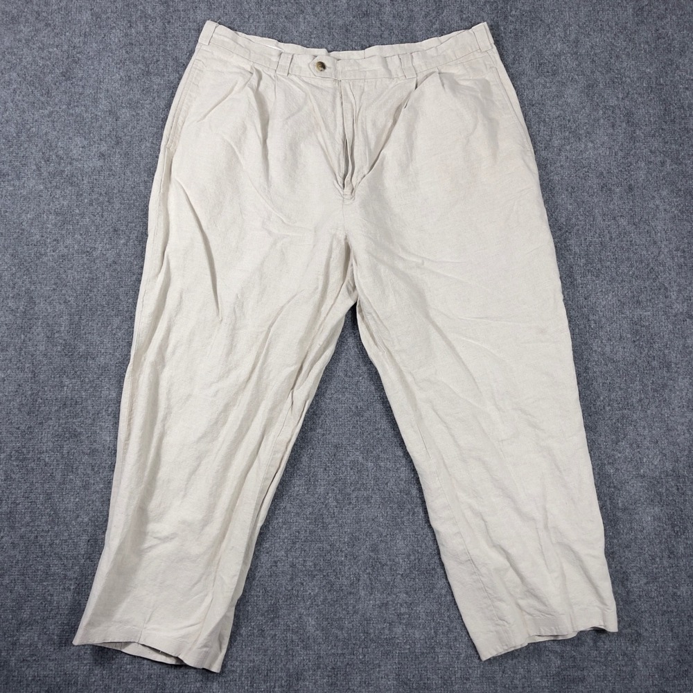 Perry Ellis Linen Blend Trousers Mens 38 Beige Pleated Straight Leg Pants